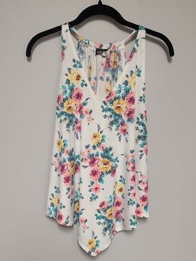 Floral V-Neck Racerback Tank - White with Pink & Yellow Roses
